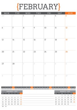 2017 yıl için takvim planlayıcısı. İleti örneği tasarım şablonu. Şubat. Hafta başlıyor Pazartesi. Vektör çizim