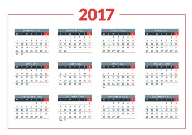 Beyaz arka plan üzerinde 2017 yıl için takvim. Vektör tasarım yazdırma şablonu. Hafta Pazartesi başlıyor. İleti örneği tasarım