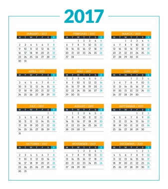 Beyaz arka plan üzerinde 2017 yıl için takvim. Vektör tasarım yazdırma şablonu. Hafta Pazartesi başlıyor. İleti örneği tasarım