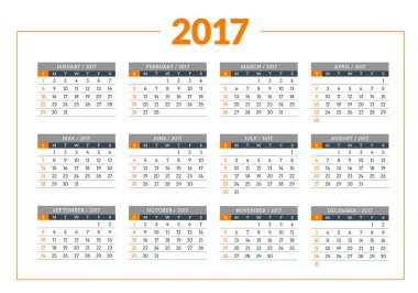 Beyaz arka plan üzerinde 2017 yıl için takvim. Vektör tasarım yazdırma şablonu. Haftası Pazar günü başlar. İleti örneği tasarım