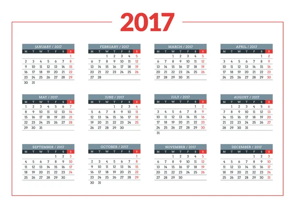 Calendario 2017 anno su sfondo bianco. Modello di stampa vettoriale. La settimana inizia lunedì. Progettazione di articoli di cancelleria — Vettoriale Stock