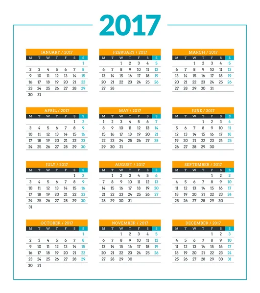 Beyaz arka plan üzerinde 2017 yıl için takvim. Vektör tasarım yazdırma şablonu. Hafta Pazartesi başlıyor. İleti örneği tasarım