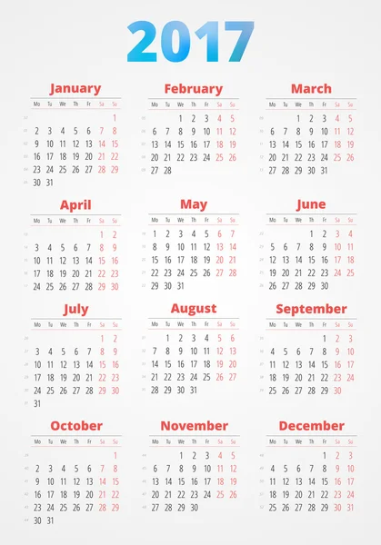 Calendario para 2017 año sobre fondo blanco. Plantilla de impresión de diseño vectorial. La semana comienza el lunes. Diseño de papelería — Archivo Imágenes Vectoriales