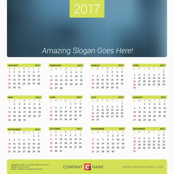 Calendrier 2017 Année. Modèle d'impression vectoriel avec place pour photo, logo de l'entreprise et coordonnées. La semaine commence dimanche — Image vectorielle