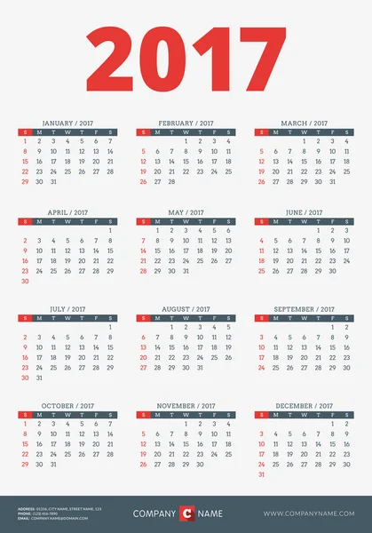 Calendar for 2017 Year. Vector Design Print Template with Company Logo and Contact Information. Week Starts Sunday — Stock Vector