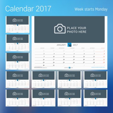 2017 yıl için takvim. Vektör tasarım yer için fotoğraf yazdırma şablonu. Hafta Pazartesi başlıyor. Dizi 12 takvim sayfası. İleti örneği tasarım