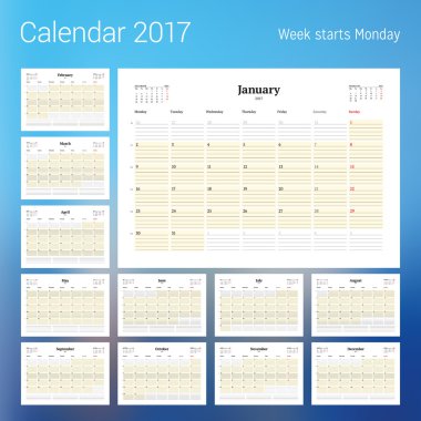2017 yıl için takvim. Vektör tasarım yer için fotoğraf yazdırma şablonu. Hafta Pazartesi başlıyor. Dizi 12 takvim sayfası. İleti örneği tasarım