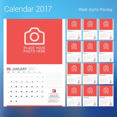 2017 yıl için takvim. Vektör tasarım yer için fotoğraf yazdırma şablonu. Hafta Pazartesi başlıyor. Dizi 12 takvim sayfası. İleti örneği tasarım