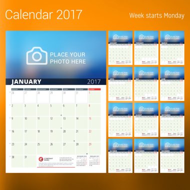 2017 yıl için takvim. Vektör tasarım yer için fotoğraf yazdırma şablonu. Hafta Pazartesi başlıyor. Dizi 12 takvim sayfası. İleti örneği tasarım
