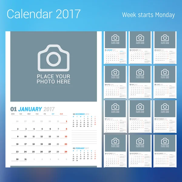 Calendario 2017 año. Plantilla de impresión de diseño vectorial con lugar para la foto. La semana comienza el lunes. Conjunto de 12 páginas del calendario. Diseño de papelería — Vector de stock