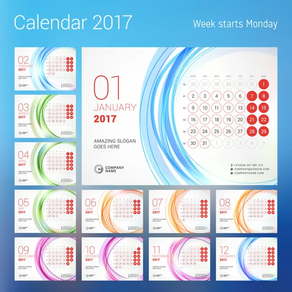 Календарь на 2017 год. Векторный дизайн печати шаблон с местом для фото. Неделя начинается в понедельник. Набор из 12 календарных страниц. Канцелярский дизайн — стоковый вектор