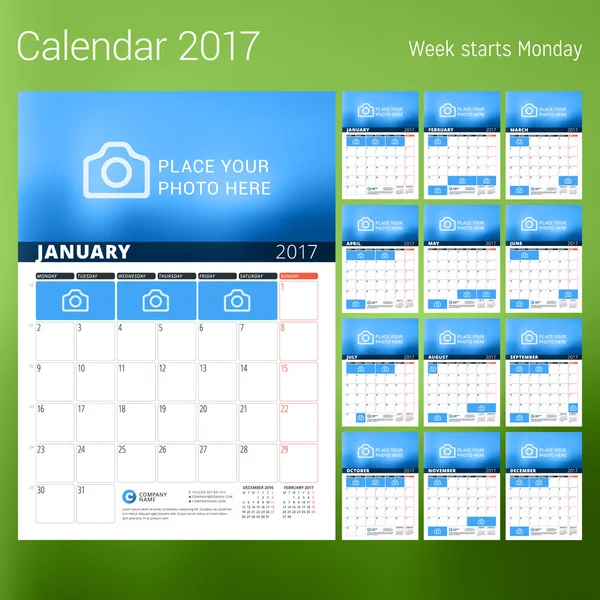 Calendario 2017 año. Plantilla de impresión de diseño vectorial con lugar para la foto. La semana comienza el lunes. Conjunto de 12 páginas del calendario. Diseño de papelería — Vector de stock