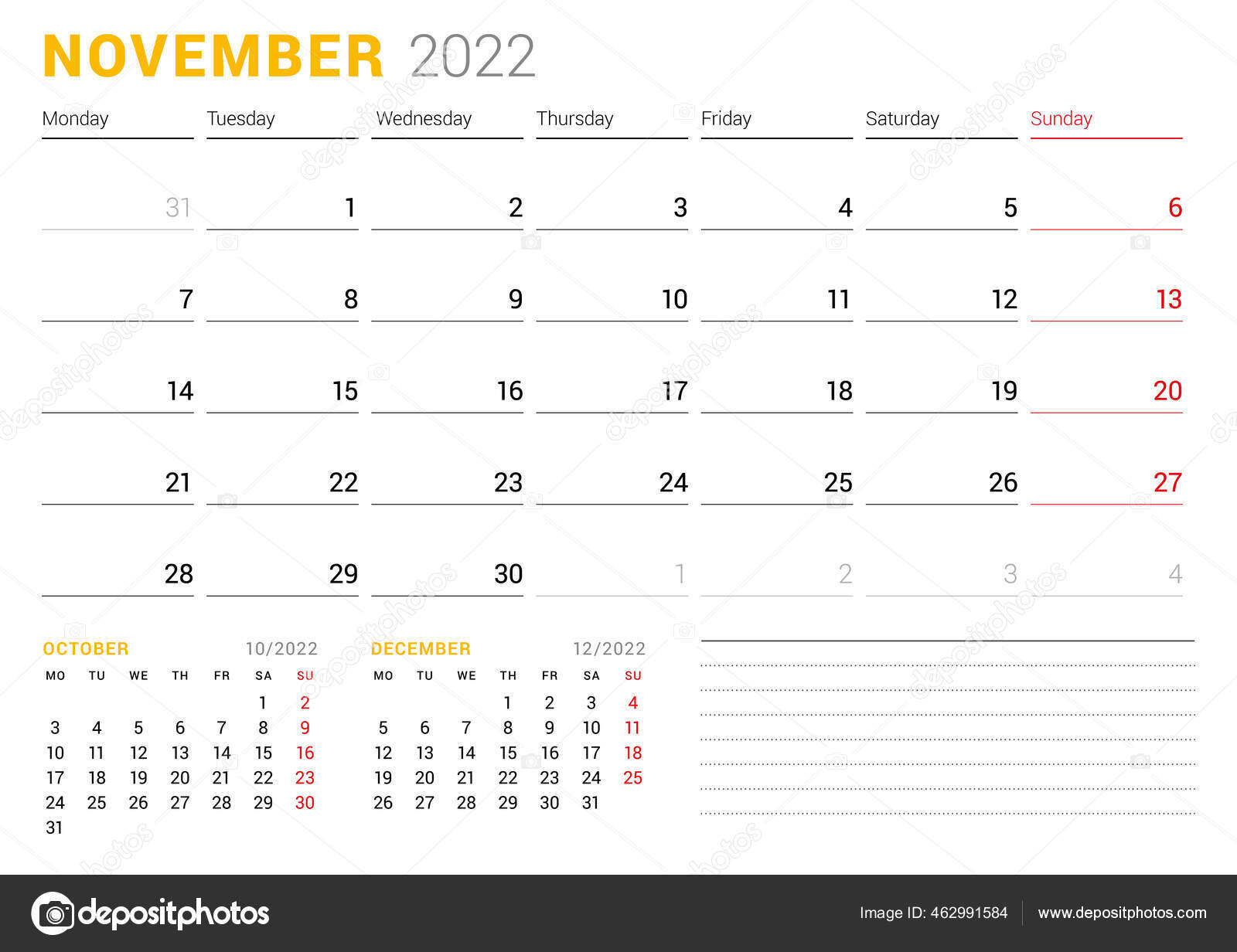 Calendar Template November 2022 Business Monthly Planner Stationery Design Week Stock Vector