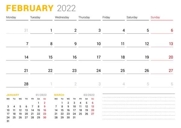 Kalender Mall För Februari 2022 Business Månatliga Planerare Pappersvarudesign Veckan — Stock vektor