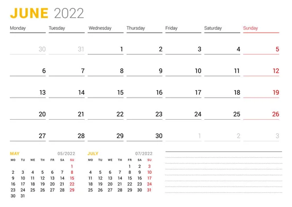 Kalendervorlage Für Juni 2022 Geschäftsmonatsplaner Schreibwarendesign Die Woche Beginnt Montag — Stockvektor