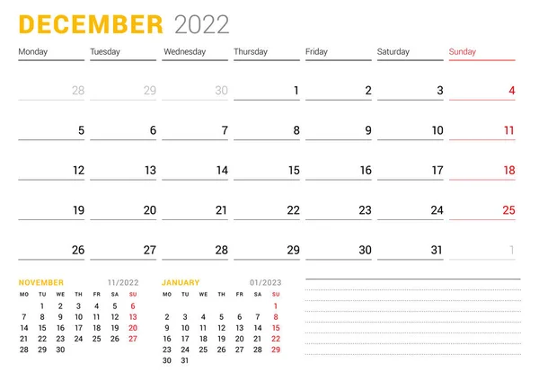Modèle Calendrier Pour Décembre 2022 Planificateur Mensuel Entreprise Conception Papeterie — Image vectorielle