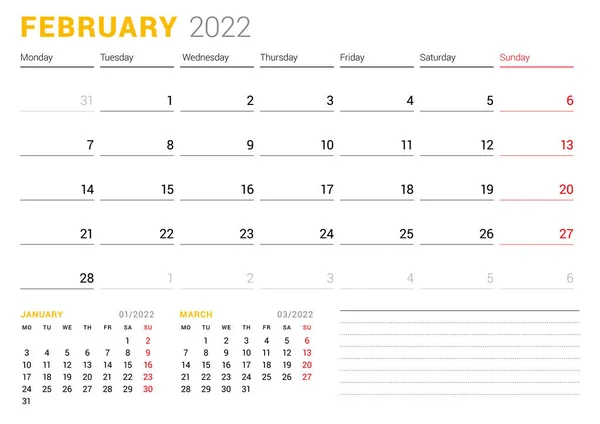 Kalender Mall För Februari 2022 Business Månatliga Planerare Pappersvarudesign Veckan Stockillustration