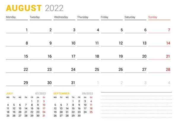 Šablona Kalendáře Pro Srpen2022 Návrh Šablony Týden Začíná Pondělí Vektorová Royalty Free Stock Vektory