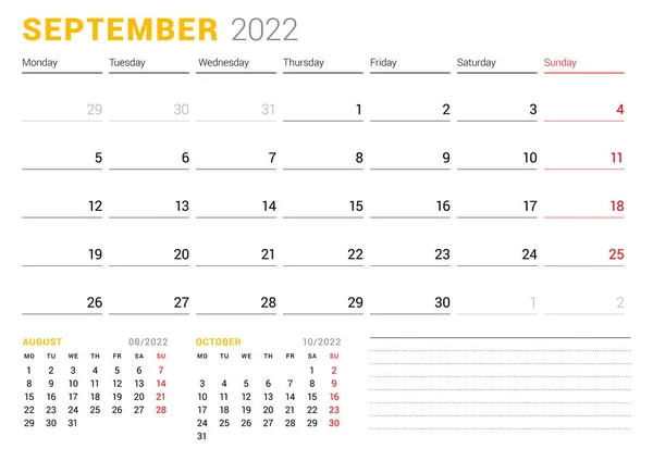 Modello Calendario Settembre 2022 Pianificatore Mensile Aziendale Progettazione Cancelleria Settimana Illustrazioni Stock Royalty Free
