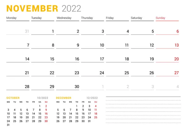 Modello Calendario Novembre 2022 Pianificatore Mensile Aziendale Progettazione Cancelleria Settimana Vettoriali Stock Royalty Free