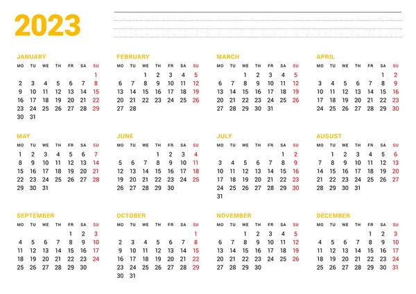 Modello Calendario 2023 Anno Pianificatore Mensile Aziendale Progettazione Cancelleria Settimana Vettoriale Stock