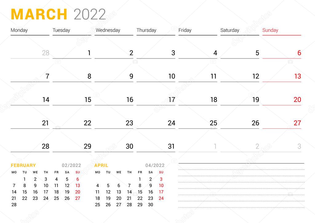 Calendar template for March 2022. Business monthly planner. Stationery design. Week starts on Monday. Vector illustration