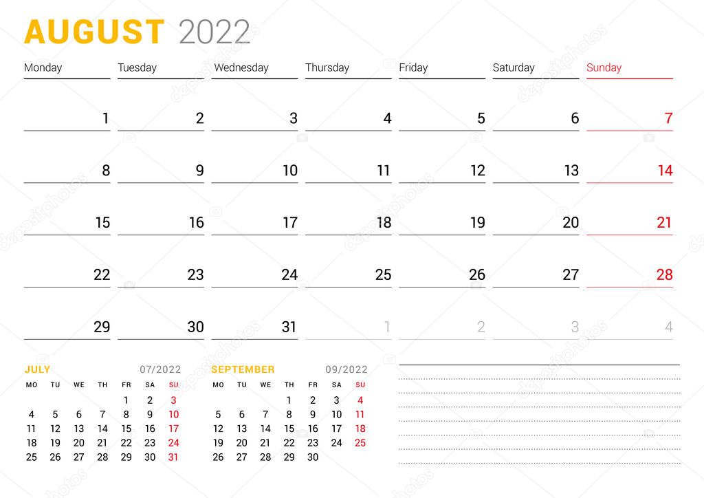 Calendar template for August 2022. Business monthly planner. Stationery design. Week starts on Monday. Vector illustration