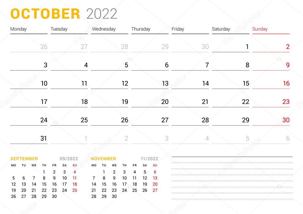 Calendar template for October 2022. Business monthly planner. Stationery design. Week starts on Monday. Vector illustration