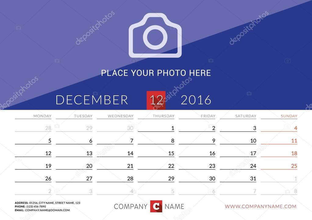 Desk Calendar 2016. Vector Print Template. December. Week Starts Monday