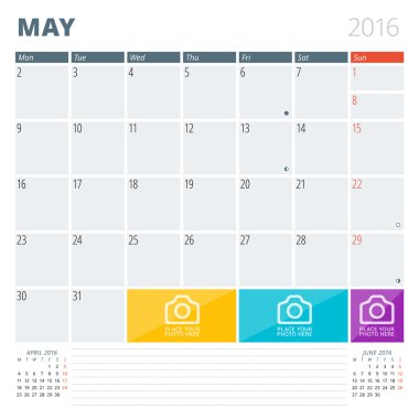 Takvim planlayıcısı 2016 tasarım şablonu ile fotoğraflar ve notlar için bir yer. Olabilir. Hafta başlıyor Pazartesi