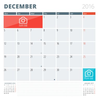 Takvim planlayıcısı 2016 tasarım şablonu ile fotoğraflar ve notlar için bir yer. Aralık. Hafta başlıyor Pazartesi