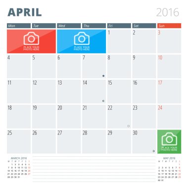 Takvim planlayıcısı 2016 tasarım şablonu ile fotoğraflar ve notlar için bir yer. Nisan. Hafta başlıyor Pazartesi
