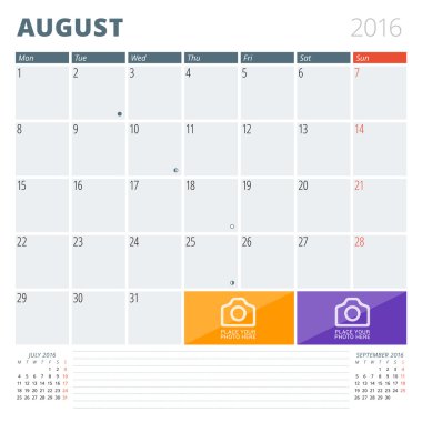 Takvim planlayıcısı 2016 tasarım şablonu ile fotoğraflar ve notlar için bir yer. Ağustos. Hafta başlıyor Pazartesi