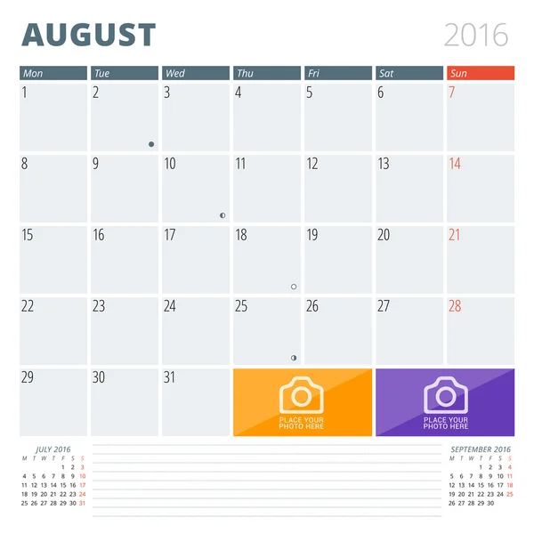 Kalender Planner 2016 ontwerpsjabloon met plaats voor foto's en notities. Augustus. Week begint maandag — Stockvector