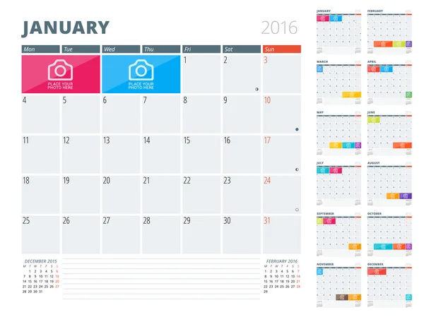 Calendário Planejador 2016 Modelo de Design com Lugar para Fotos e Notas. Conjunto de 12 Meses. Semana começa segunda-feira —  Vetores de Stock