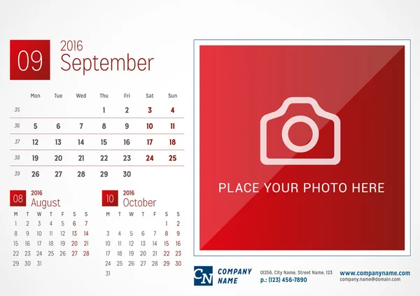 Desk Calendar 2016. Modelo de impressão vetorial. Setembro. Semana começa segunda-feira —  Vetores de Stock