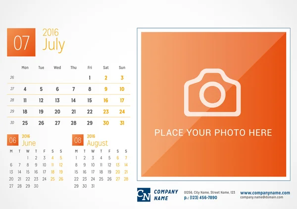 Masa takvimi 2016. Vektör yazdırma şablonu. Temmuz. Hafta başlıyor Pazartesi