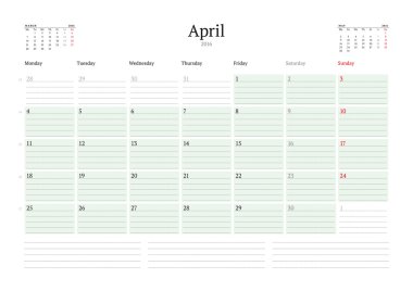 Aylık takvim planlayıcısı 2016. Vektör yazdırma şablonu. Nisan. Hafta başlıyor Pazartesi