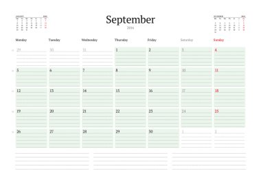 Aylık takvim planlayıcısı 2016. Vektör yazdırma şablonu. Eylül. Hafta başlıyor Pazartesi