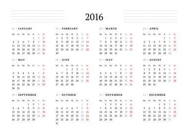 2016 için basit takvim. 12 ay. Hafta başlıyor Pazartesi