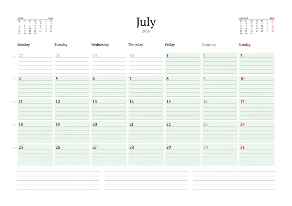 Planificador de calendario mensual 2016. Plantilla de impresión vectorial. Julio. Semana comienza el lunes — Archivo Imágenes Vectoriales