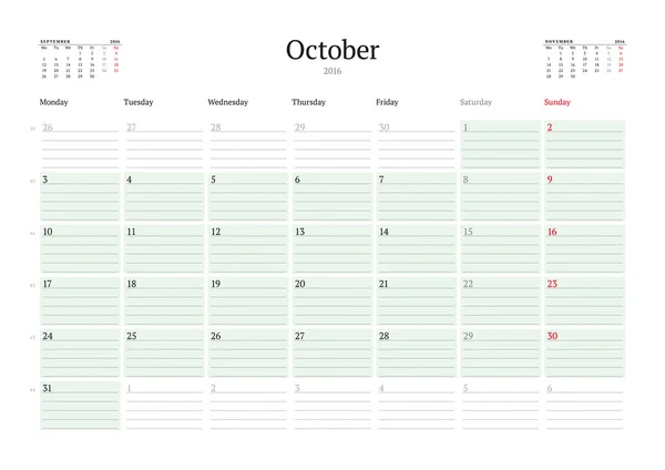 Měsíční kalendář Planner 2016. Vektorový tisk šablony. Října. Týden začíná pondělí — Stockový vektor