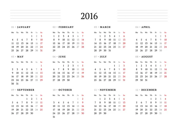 Enkel kalender for 2016. 12 måneder. Uken begynner mandag – stockvektor