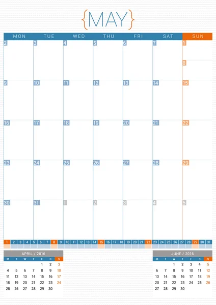 Calendário Planner 2016 Modelo de design. Pode ser. Semana começa segunda-feira —  Vetores de Stock