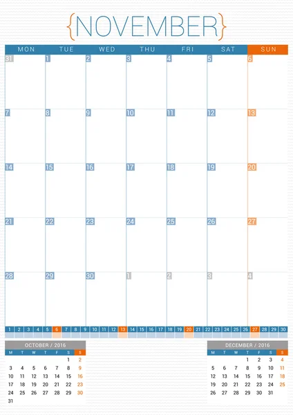 Šablona návrhu kalendář Planner 2016. Listopadu. Týden začíná pondělí — Stockový vektor