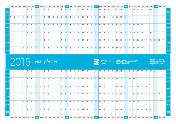 Planejador de calendário azul 2016 Ano. Modelo de impressão de design vetorial. Semana começa segunda-feira —  Vetores de Stock