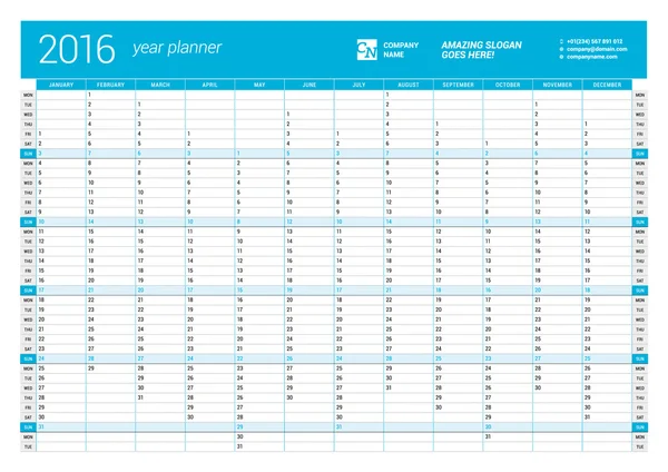 Planejador de calendário azul para 2016 Ano. Modelo de impressão de design vetorial. Semana começa segunda-feira —  Vetores de Stock