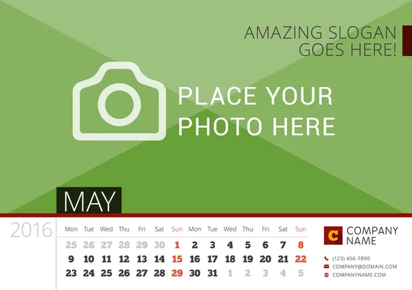 Desk Calendar 2016 Year. Vector Design Print Template with Place for Photo. May. Week Starts Monday — Stock Vector
