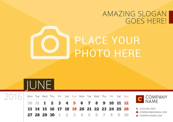 Masa takvimi 2016 yıl. Vektör tasarım yer için fotoğraf yazdırma şablonu. Haziran. Hafta başlıyor Pazartesi