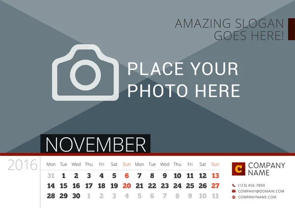 Desk Calendar 2016 Ano. Modelo de impressão de design vetorial com lugar para foto. Novembro. Semana começa segunda-feira —  Vetores de Stock